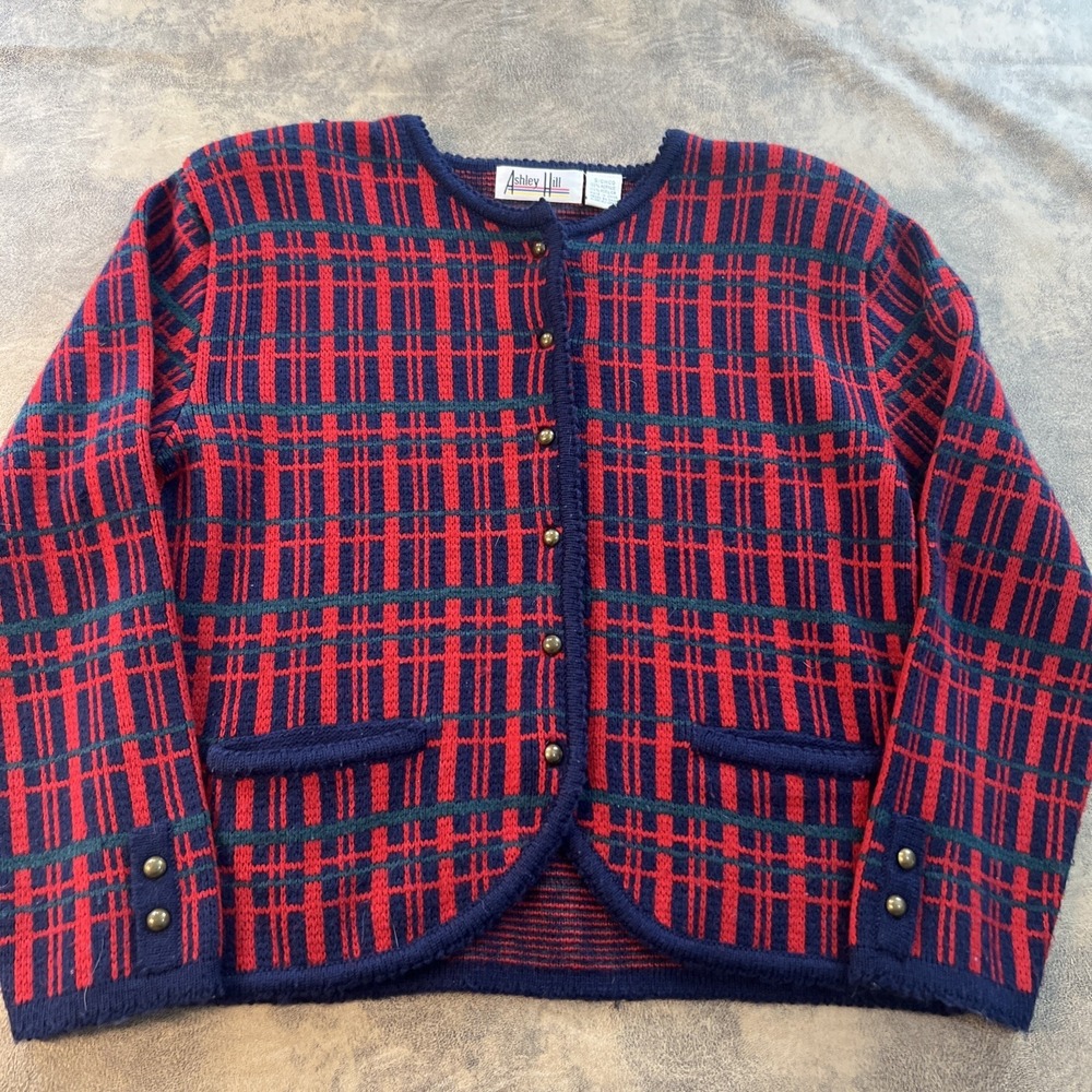 Vintage Cardigan Sweater Ashley Hill‎ Women's S Navy Red Plaid Padded Shoulder